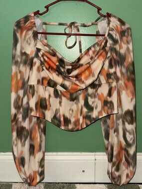 SHEIN Orange and Green Abstract Print Cowl Neck Long Sleeve Camisole